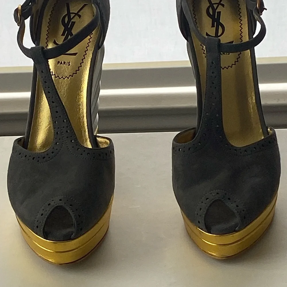 YSL Robyn T Strap Wedge High Heel Shoes Size 6